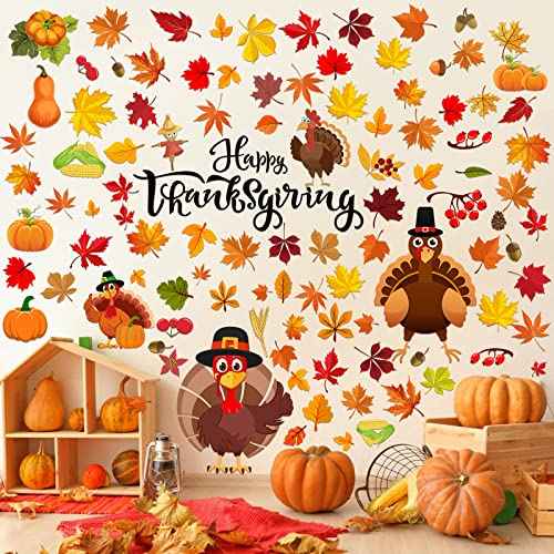 Eersida 142 Pcs Thanksgiving Fall Wall Decals Thanksgiving Turkey Wall Decals Autumn Leaves Decoration Turkey Stickers Maple Leaves Window Decor for Home Window Living Room Bedroom (Autumn Style)