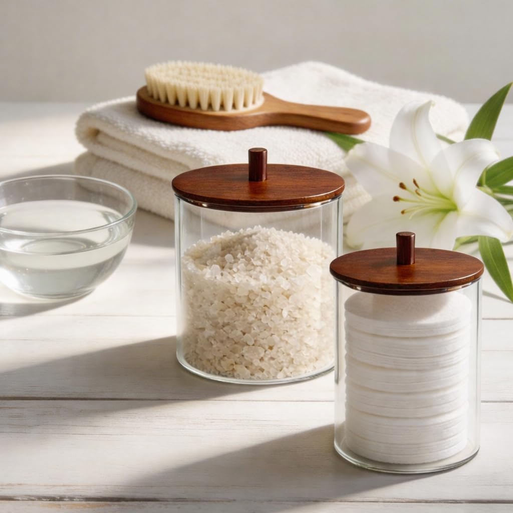 Skiennix Glass Qtip Holder Dispenser Set - 15oz & 10oz Cotton Swab Canisters with Acacia Lids | Bathroom Vanity Storage (2 Pack)