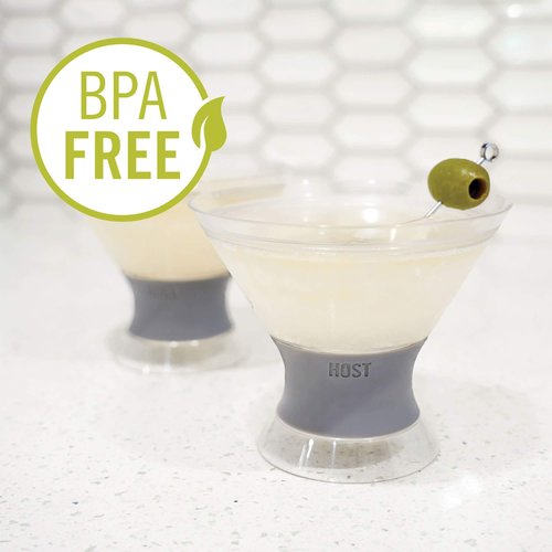 Host Freeze Insulated Martini Cooling Cups for Espresso Martinis, Gifts for Mom, Housewarming Gifts for Women, Plastic Freezer Gel Chiller Double Wall Stemless Cocktail Glasses, Set of 2, 9 oz, Gray