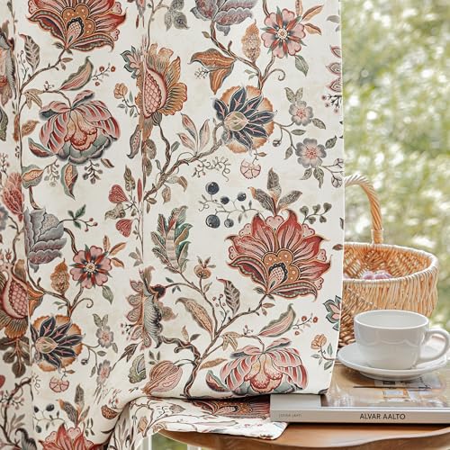 Blackout Floral Curtain Panels - 52W x 84L Inches, Pack of 2, Beige Boho Style