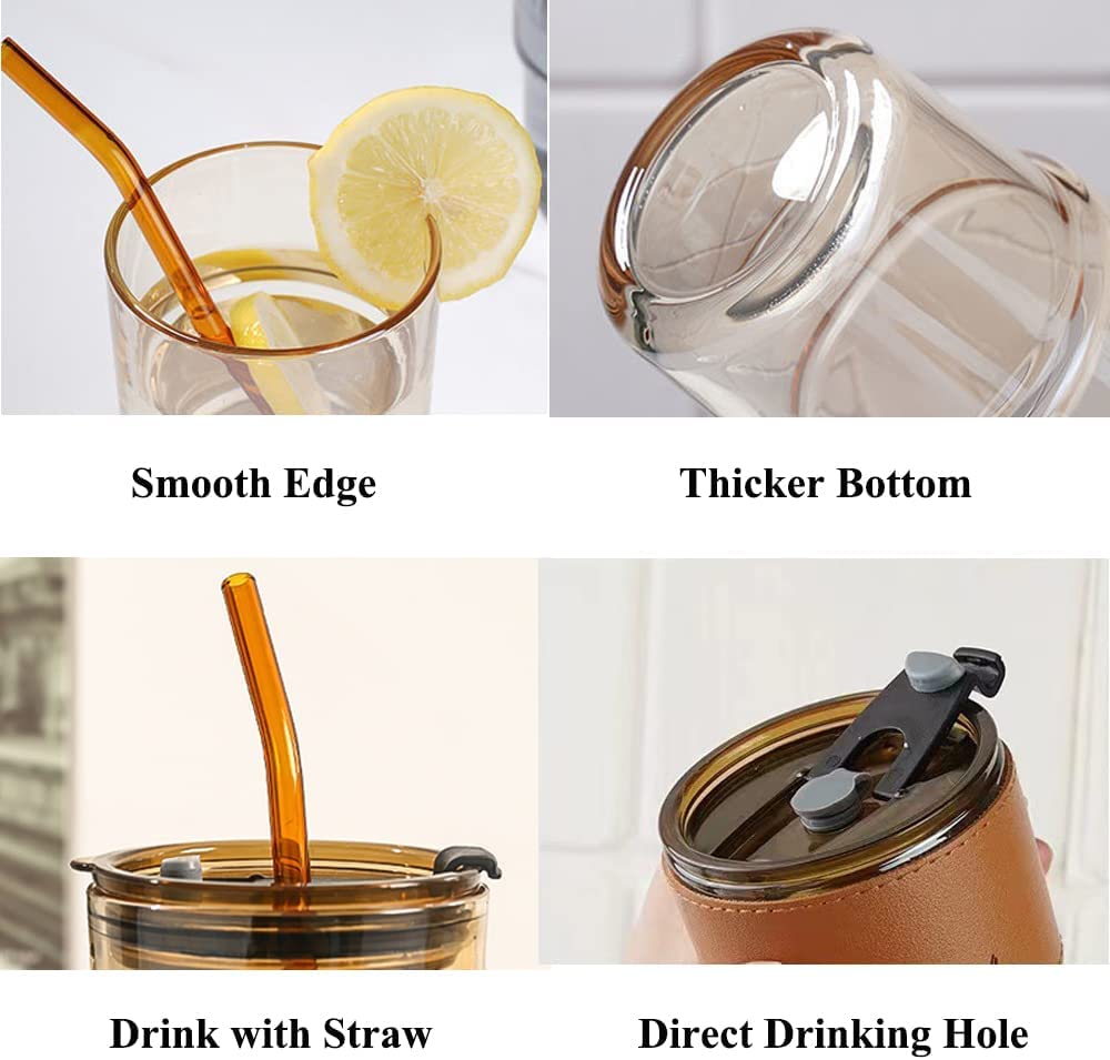 BLUEPOLAR 13 oz Tumbler Water Glass, Water Bottle with Straw and Dustproof Lid, Coffee Ice Cup Double Wall Insulated Glass Cup (Amber-2Pack)