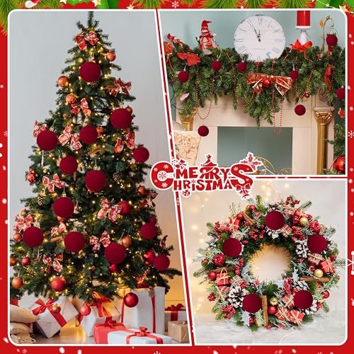 OCTERIC Red Velvet Christmas Ball Ornaments Set, 24 Pack 3.15 Inch Shatterproof Holiday Decorations