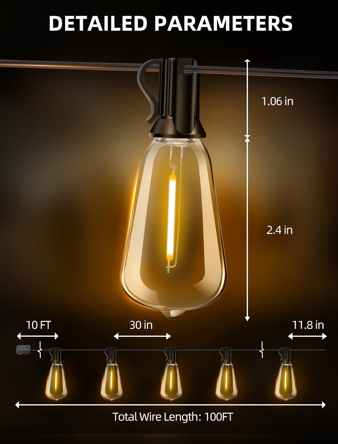 Skiennix Outdoor Patio String Lights - 100Ft Waterproof Remote Dimmable ST38 Bulbs | Perfect for Backyard Parties