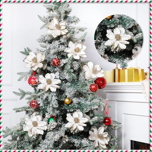 XunYee White Christmas Glitter Magnolia Flowers 6'' - 10 Pcs Holiday Decor