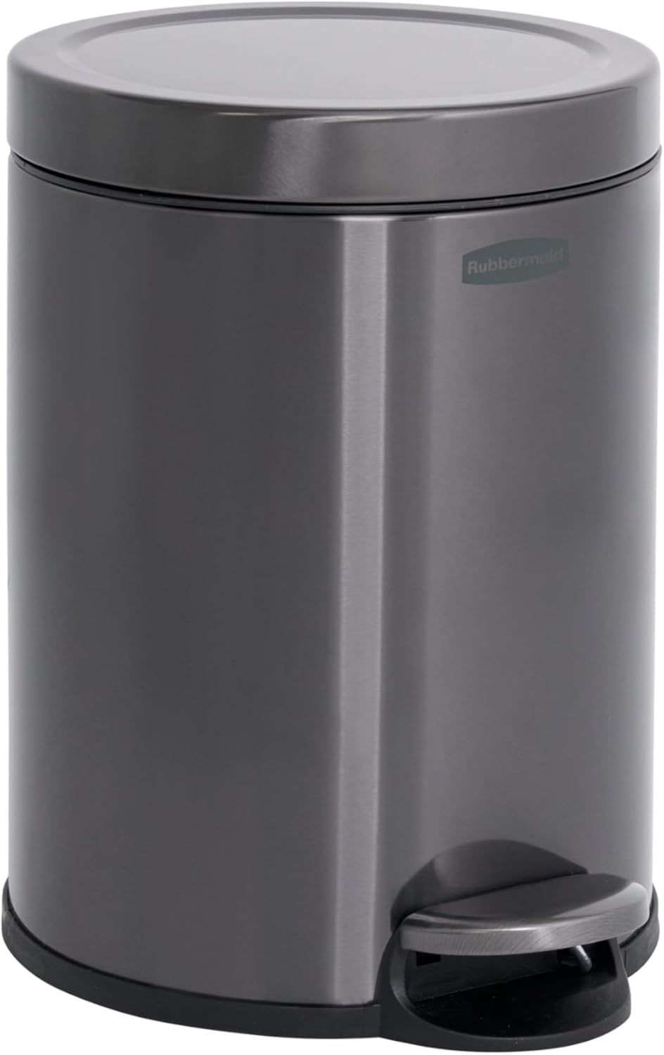 Rubbermaid Stainless Steel Round Step-On Trash Can - 1.6 Gallon Charcoal Wastebasket with Lid for Home & Office