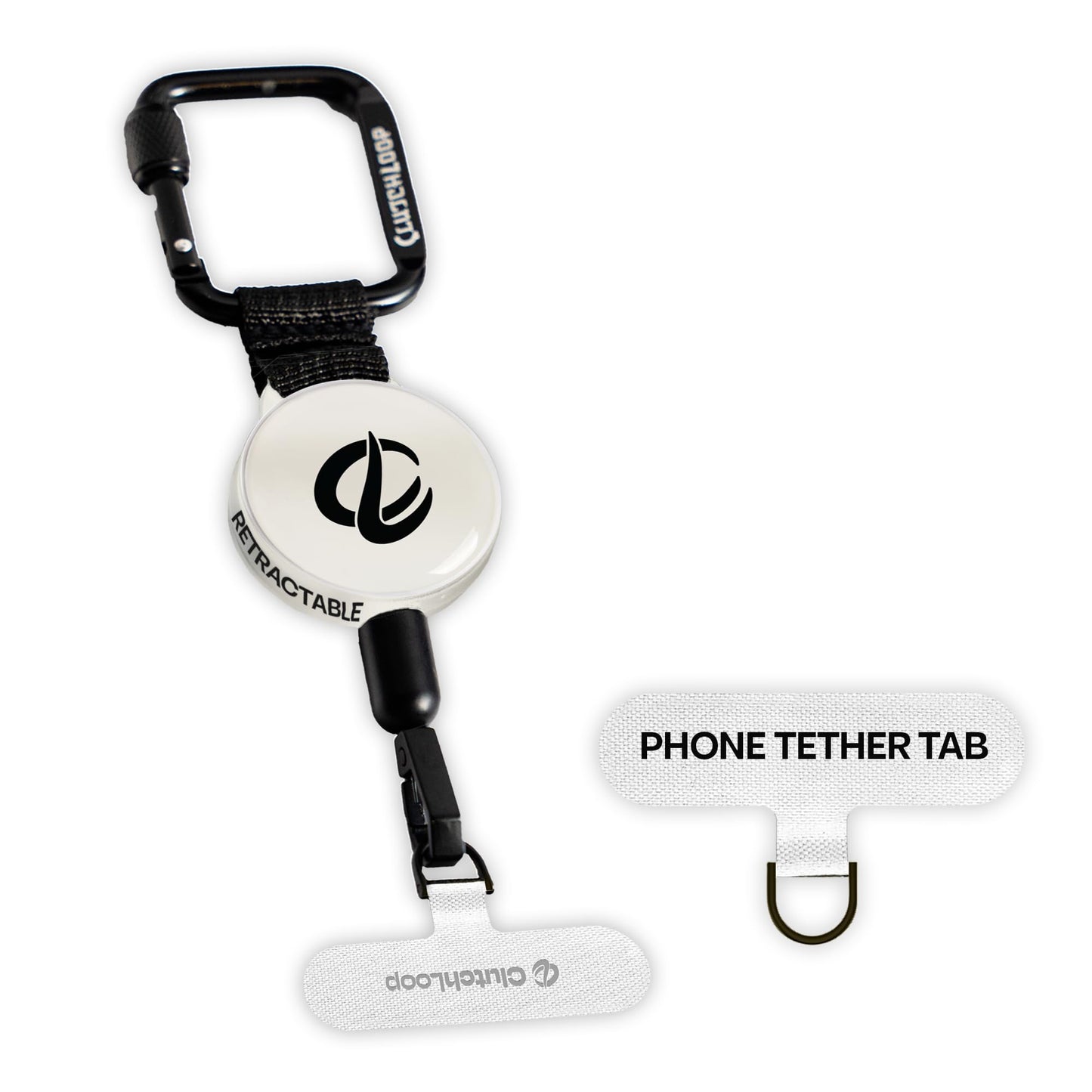 ClutchLoop Anti-Theft Phone Tether - Universal Adhesive Anchor, Retractable Steel Line and Locking Carabiner (White)