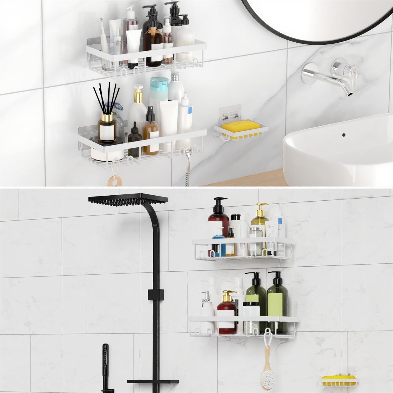 Moforoco Shower Caddy Basket - 3-Pack Rustproof Wall Shelves with Soap Holder | No Drilling, White
