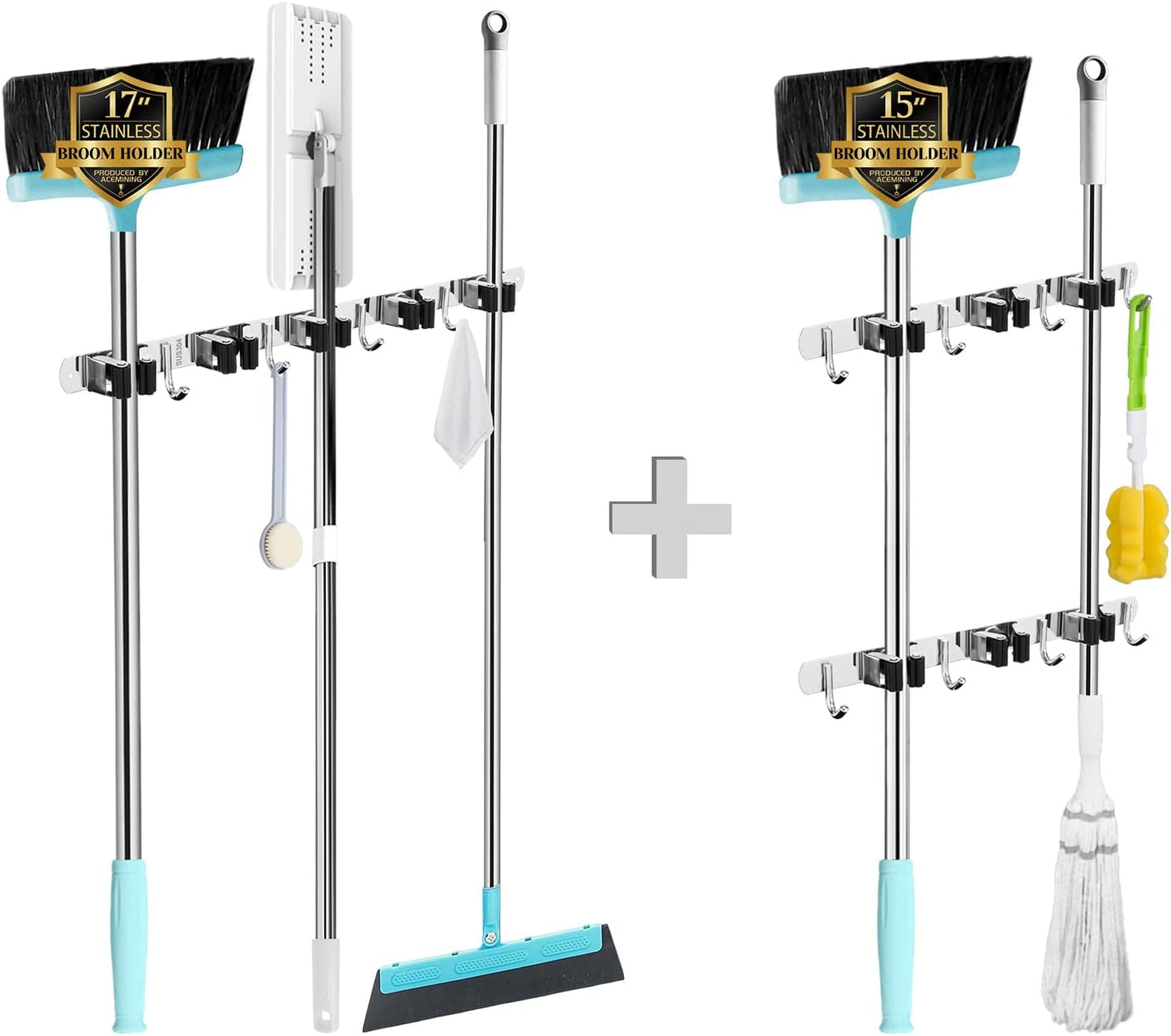 Regine Switzerland Wall-Mounted Broom & Mop Holder - Heavy-Duty Stainless Steel Organizer | 5 Racks & 4 Hooks
