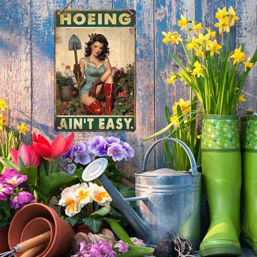 PEACHGARDEN Hoeing Ain't Easy Garden Sign Metal Garden Signs for Outside Yard Art Funny Outdoor Wall Decor Gardening Gifts for Women 8x12 Inch