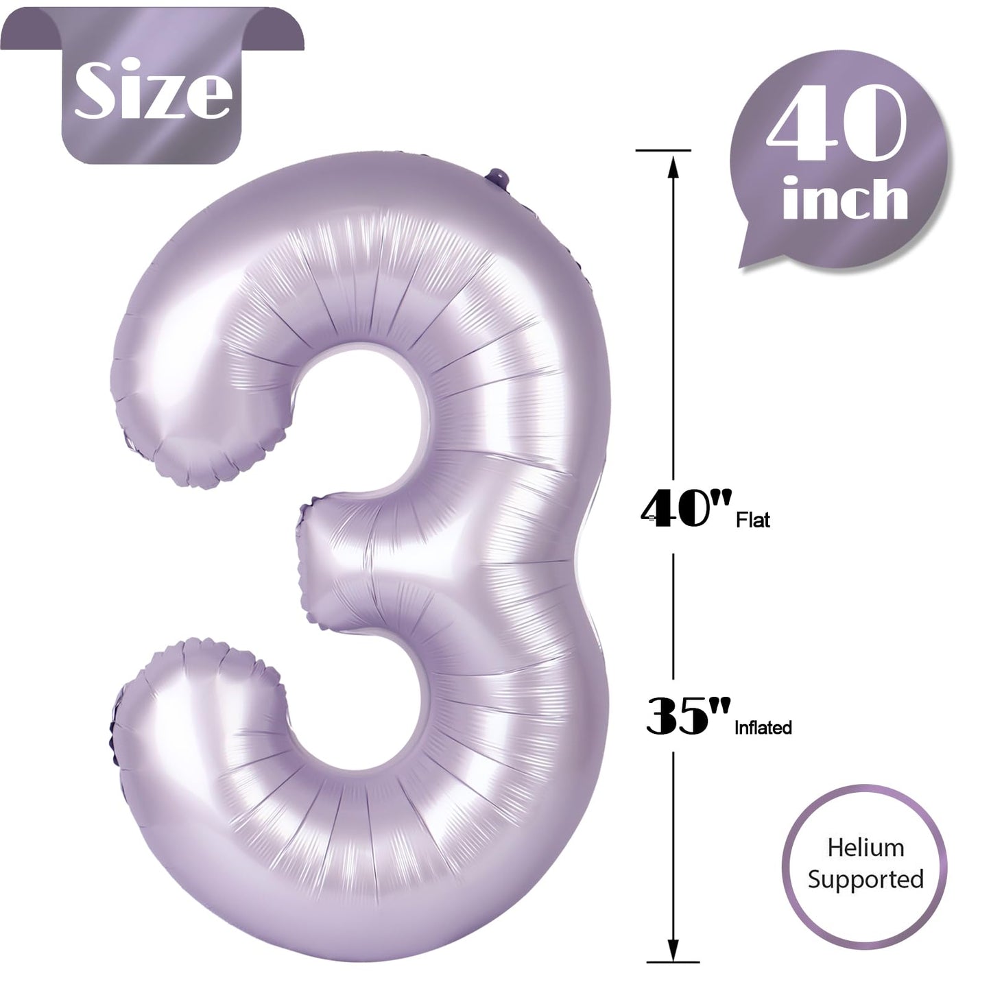 Lilac 3 Balloon, Number Balloons 40 Inch, Lavender 3rd Birthday Decorations for Kids Girls Women Party Supplies for Party Decorations, Number 3 Balloon