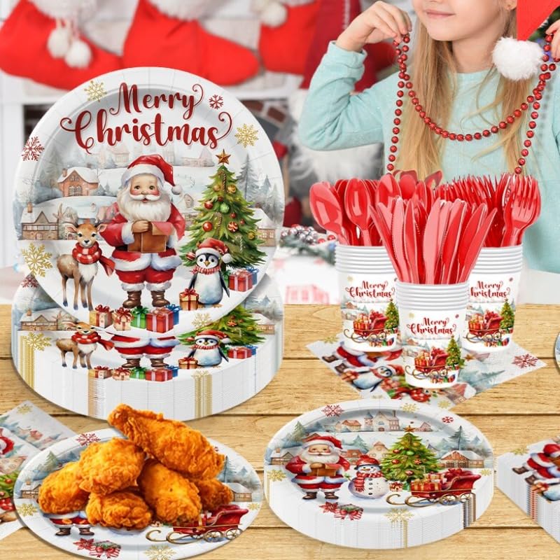 Merry Christmas Party Supplies 140-Piece Tableware Set for 20 Guests - Plates, Napkins, Cups & Cutlery