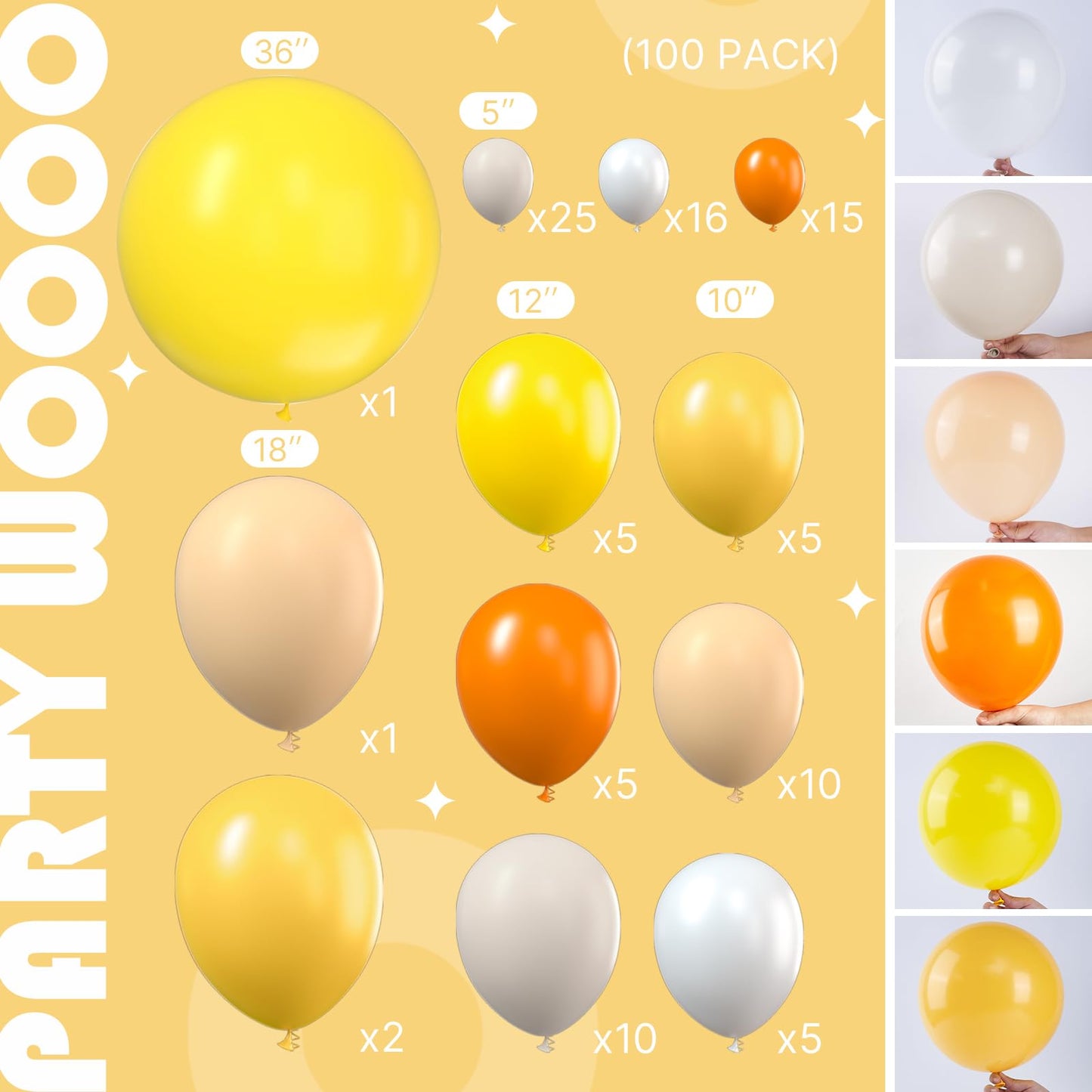 PartyWoo Yellow Balloon Garland, 100 pcs Orange Yellow Balloons Different Sizes Pack of 36 Inch 18 Inch 12 Inch 10 Inch 5 Inch for Balloon Garland Arch as Party Decorations, Birthday Decorations