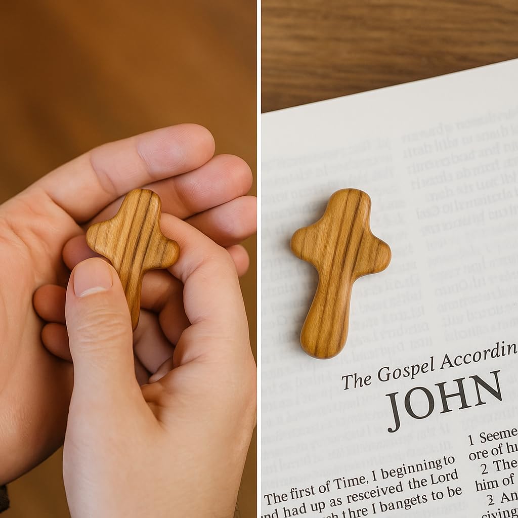 Handmade Olive Wood Crosses Set of 10 – Mini Fidget Pocket Crosses for Prayer & Comfort