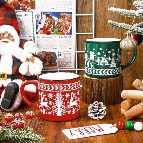 Christmas Enamel Mug Set – 15oz Holiday Coffee Cups with Red & Green Designs