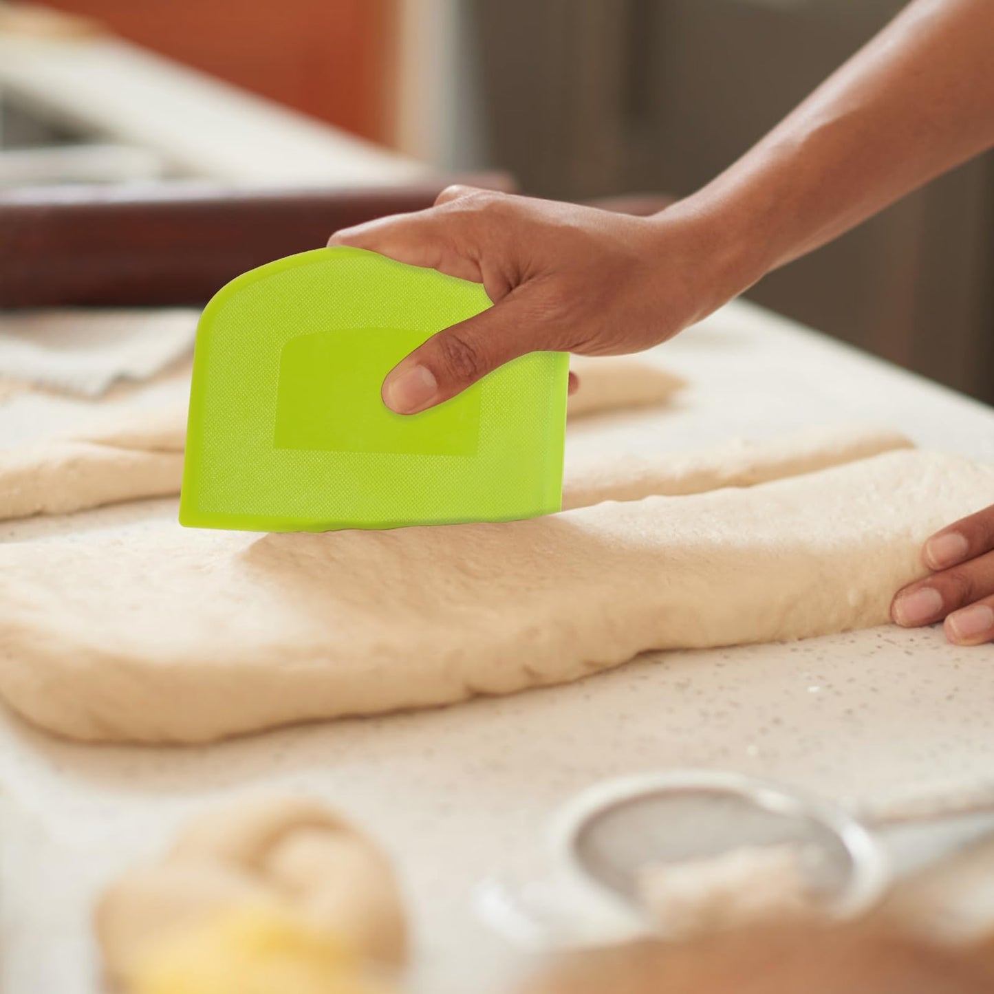 CEWIFO Dough Scraper Bench Scraper for Baking, 4 PCs BPA Free PE Plastic Flexible Bowl Scraper, Food-safe Plastic Dough Cutter for Bread Cake Dough Fondant Icing (White, Green, Orange, Pink)