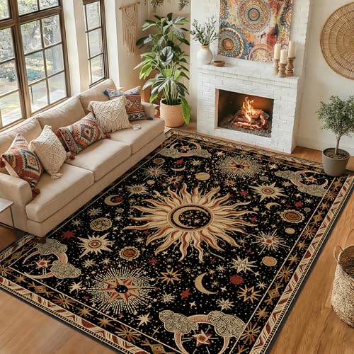 8x10 Washable Area Rug - Black, Gold, Beige, Red - Sun Moon Pattern - Vacuum-Friendly