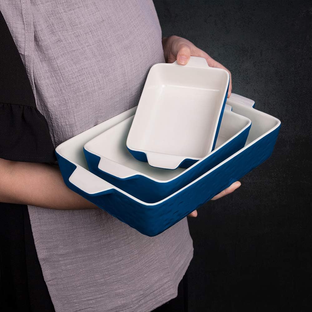 Regine Switzerland Casserole Dishes - Ceramic Baking Pan Set of 3 | Deep Porcelain Lasagna Dish (11.6" x 7.8", Dark Blue)