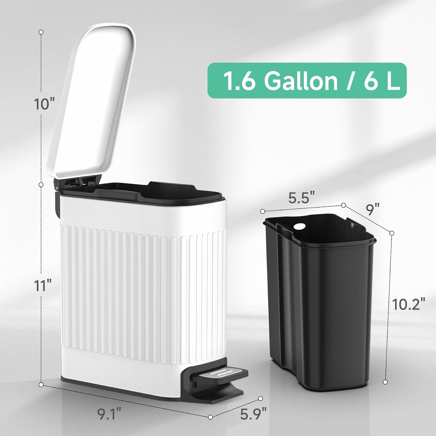 TIPGO Slim Bathroom Trash Can - Soft Close Lid & Step Pedal | 6L Stainless Steel Bin for Bedroom, Office, Kitchen (White)