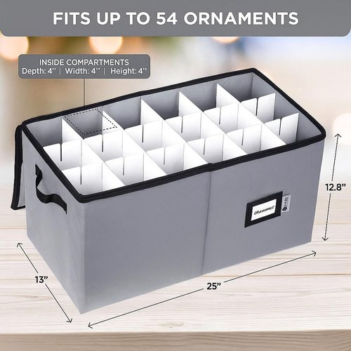 Christmas Ornament Storage Container | Large Organizer Bin with Dividers - Stores Up to 54 Ornaments, Adjustable, Grey
