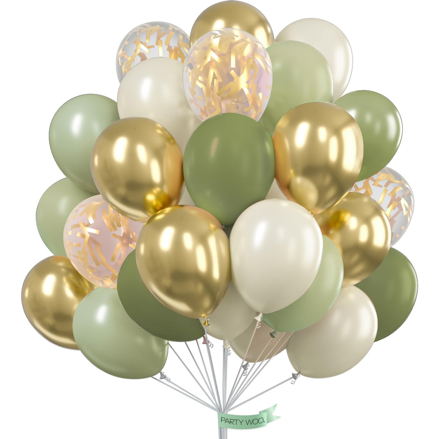 PartyWoo Sage Green Balloons 100pcs 12 Inch Metallic Gold Sand White Gold Confetti Balloons for Baby Shower Gender Reveal Wedding Engagement Jungle Woodland Forest Birthday Party Decorations