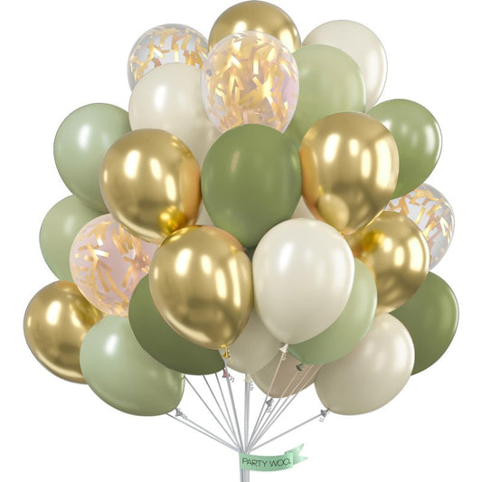 PartyWoo Sage Green Balloons 100pcs 12 Inch Metallic Gold Sand White Gold Confetti Balloons for Baby Shower Gender Reveal Wedding Engagement Jungle Woodland Forest Birthday Party Decorations