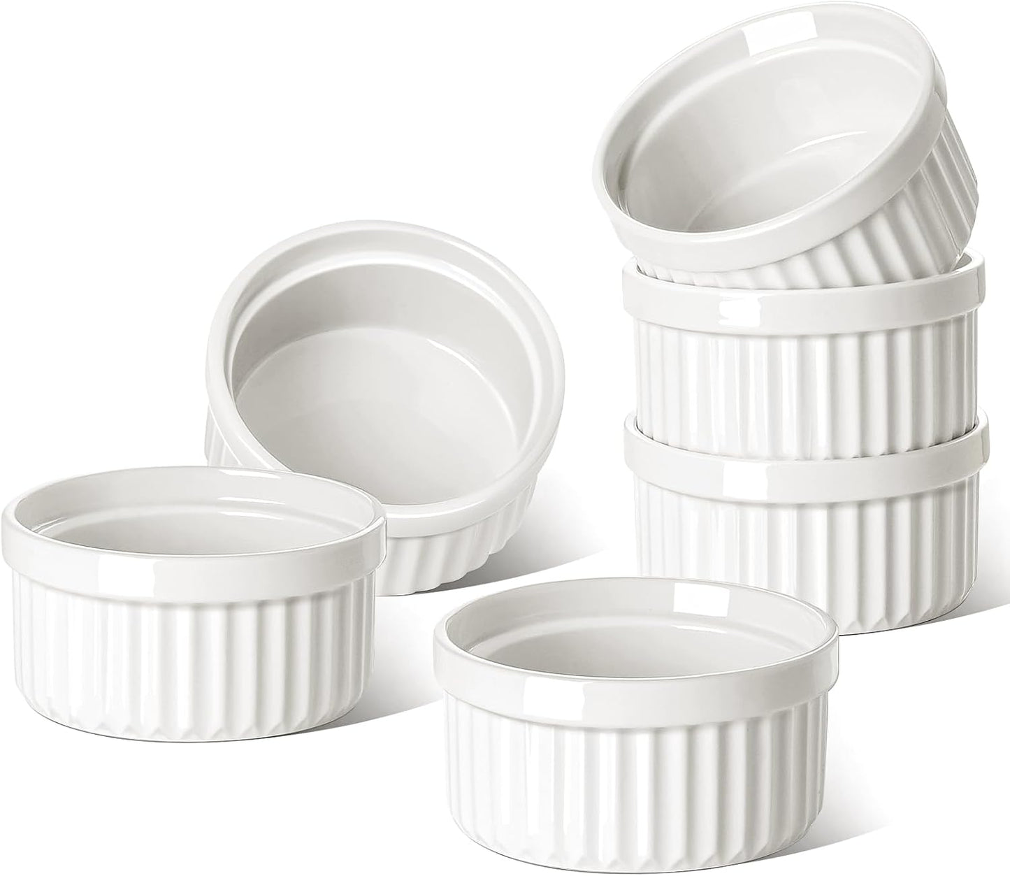 LE TAUCI Ramekins - 6 Oz Ceramic Souffle Dishes for Baking & Desserts | Oven & Microwave Safe, Set of 6, White
