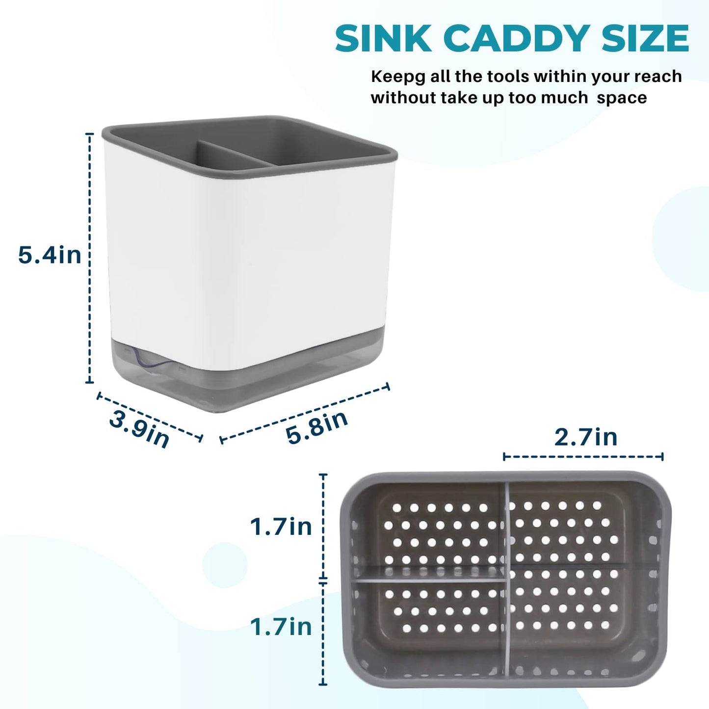 KeFanta Sink Counter Caddy, Plastic Dish Sponge Holder, Kitchen Brush and Scrubber Organizer with Drain Tray, White