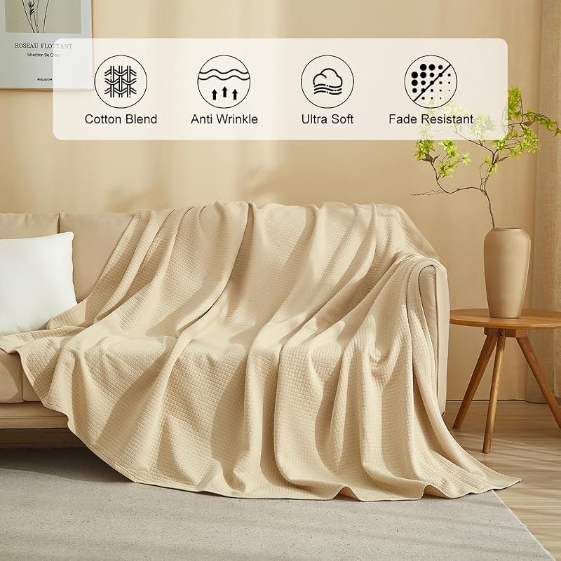 AMWAN Cozy Khaki Queen Blanket 90x90 in Cotton Blend Jersey Knit Quilted Grid