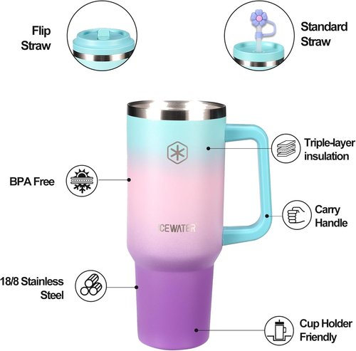 ICEWATER 40 oz Insulated Tumbler - 100% Leak Proof with 2 Lids & Handle | Stainless Steel in Violet