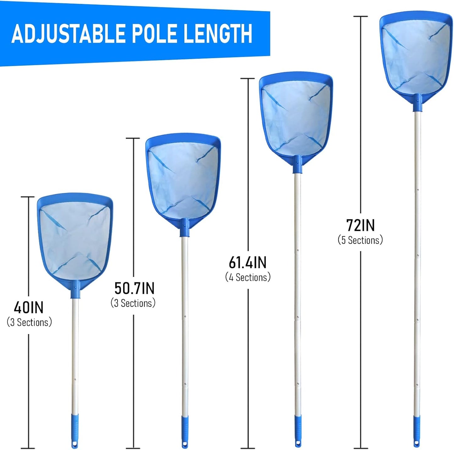 Poolvio Leaf Skimmer Net - Telescopic Aluminum Pole with Nylon Mesh for Easy Pool Cleaning
