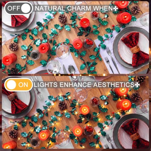 2 Pack 30 ft LED Holly Garland with 100 Lights Christmas Wreath
