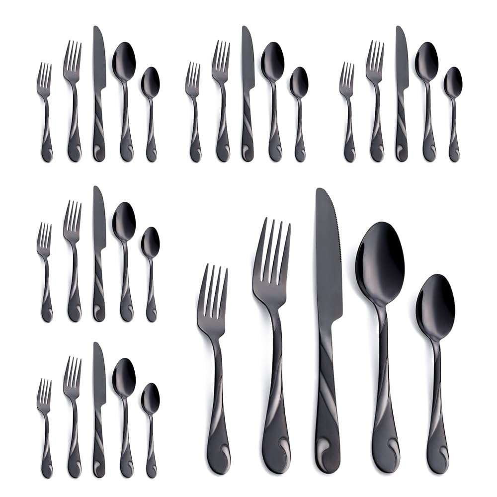 Seeshine Black Silverware Set for 6, 30-Piece Stainless Steel Flatware Set, Shiny Black Metal Cutlery Set, Include Fork, Knife and Spoon Set, Dishwasher Safe