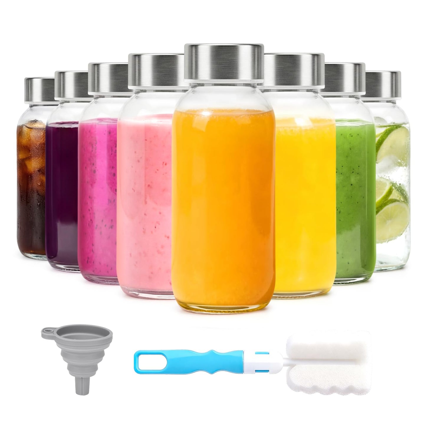 Luxfuel 8 oz Glass Water Bottles with Lids, 8 Pack Small Glass Juice Bottles with Stainless Steel Caps & Funnel, Leak-Proof Containers for Juicing, Milk, Ginger Shots, Smoothies, Wellness Drinks