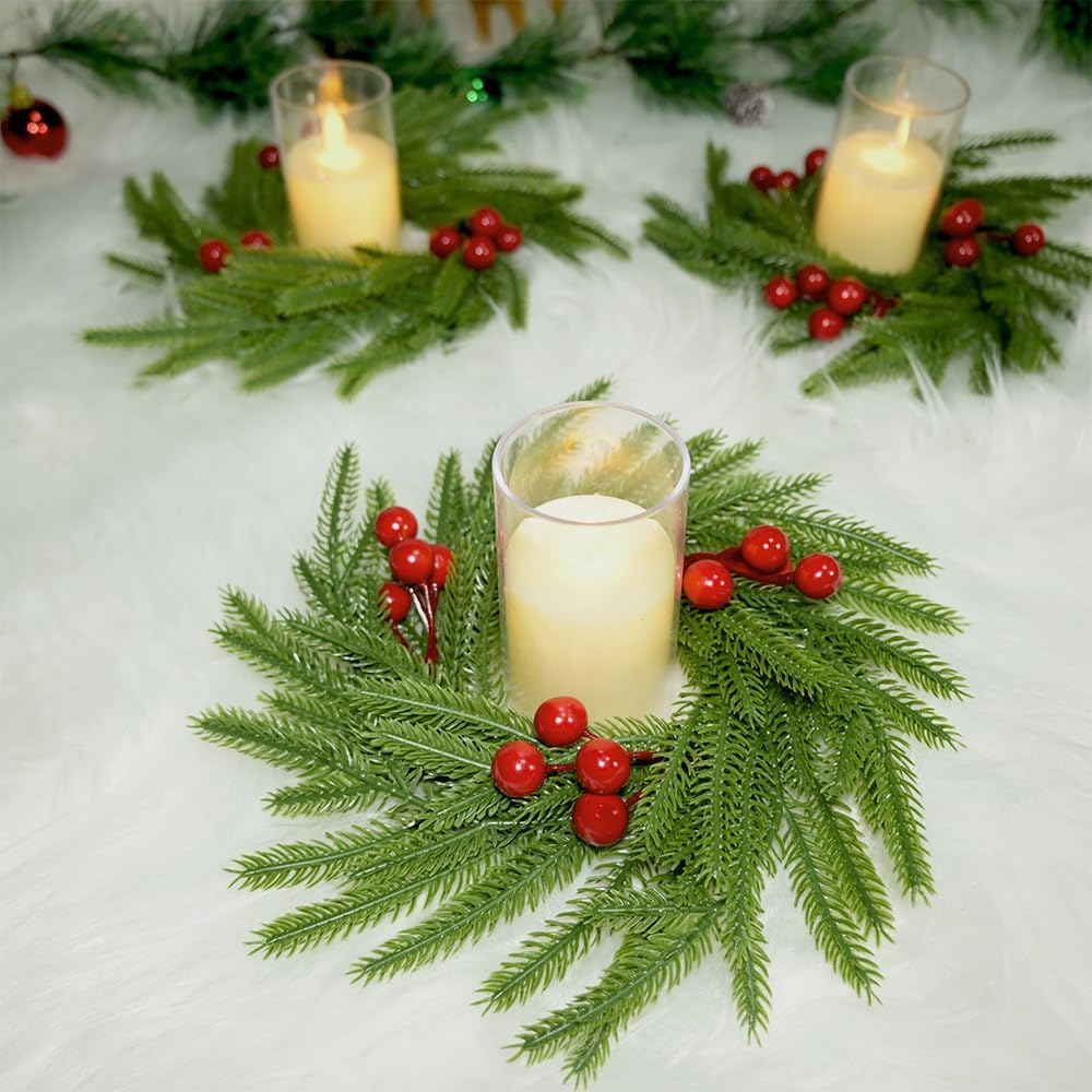 Regine Switzerland Christmas Candle Rings - 3Pcs Norfolk Pine & Red Berry Mini Wreaths | Festive Table Decor