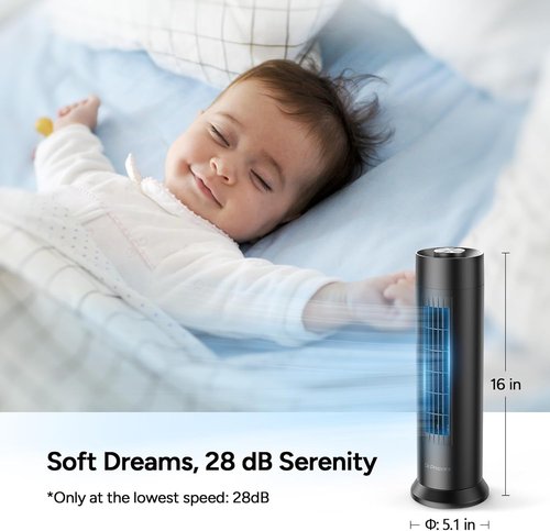 Dr.Prepare Tower Fan - 28 dB Quiet Bladeless Design | 3 Speeds, 80° Oscillation, 16 Inch Portable Fan - Black
