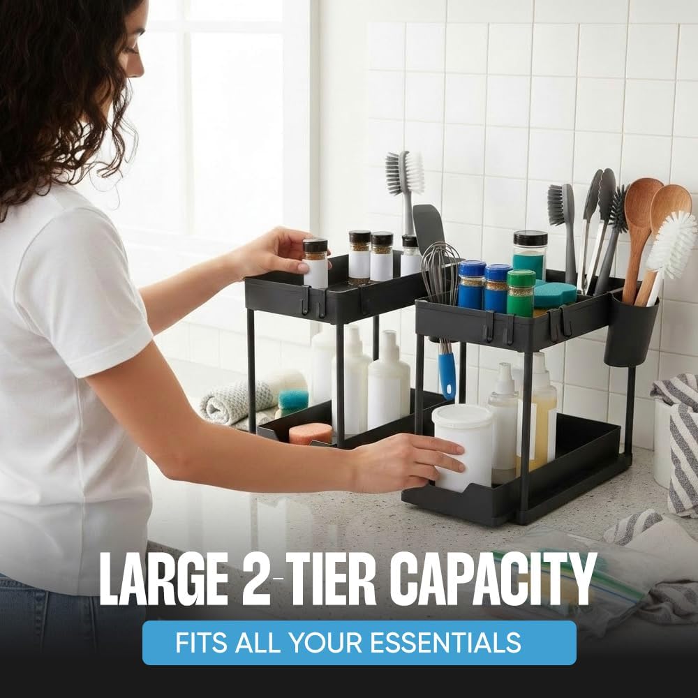 Undersink Organizer - 2-Tier Storage Rack with Sliding Drawers for Kitchen & Bathroom - Black