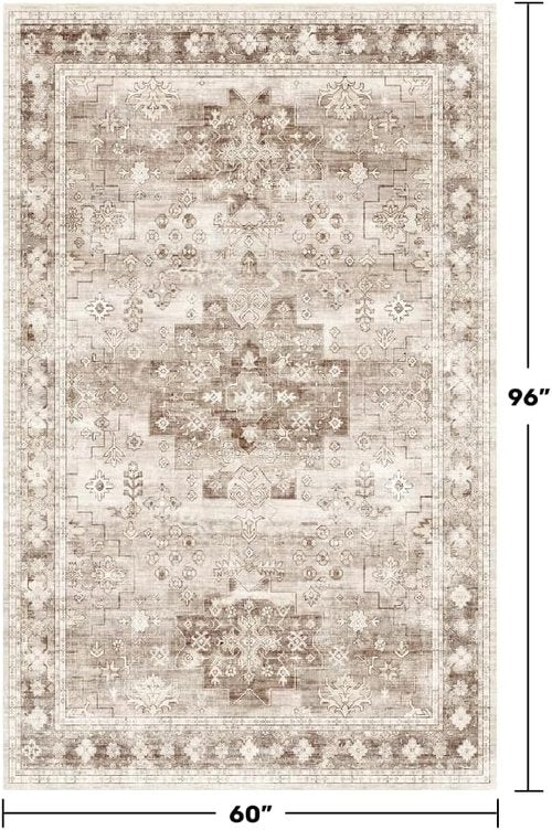 Hazo Haus Washable Area Rug - Non-Slip Boho Vintage Floral Design | 5x8 Beige/Latte for Living Room & Nursery