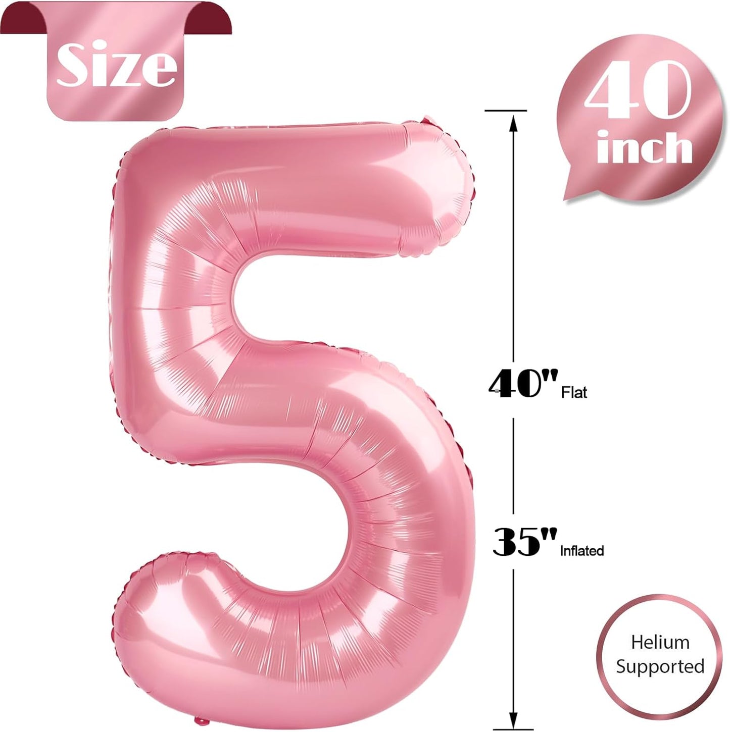 Pearlescent Pink Number 5 Balloon - 40 Inch 5th Birthday Decorations | Pastel Pink Party Supplies