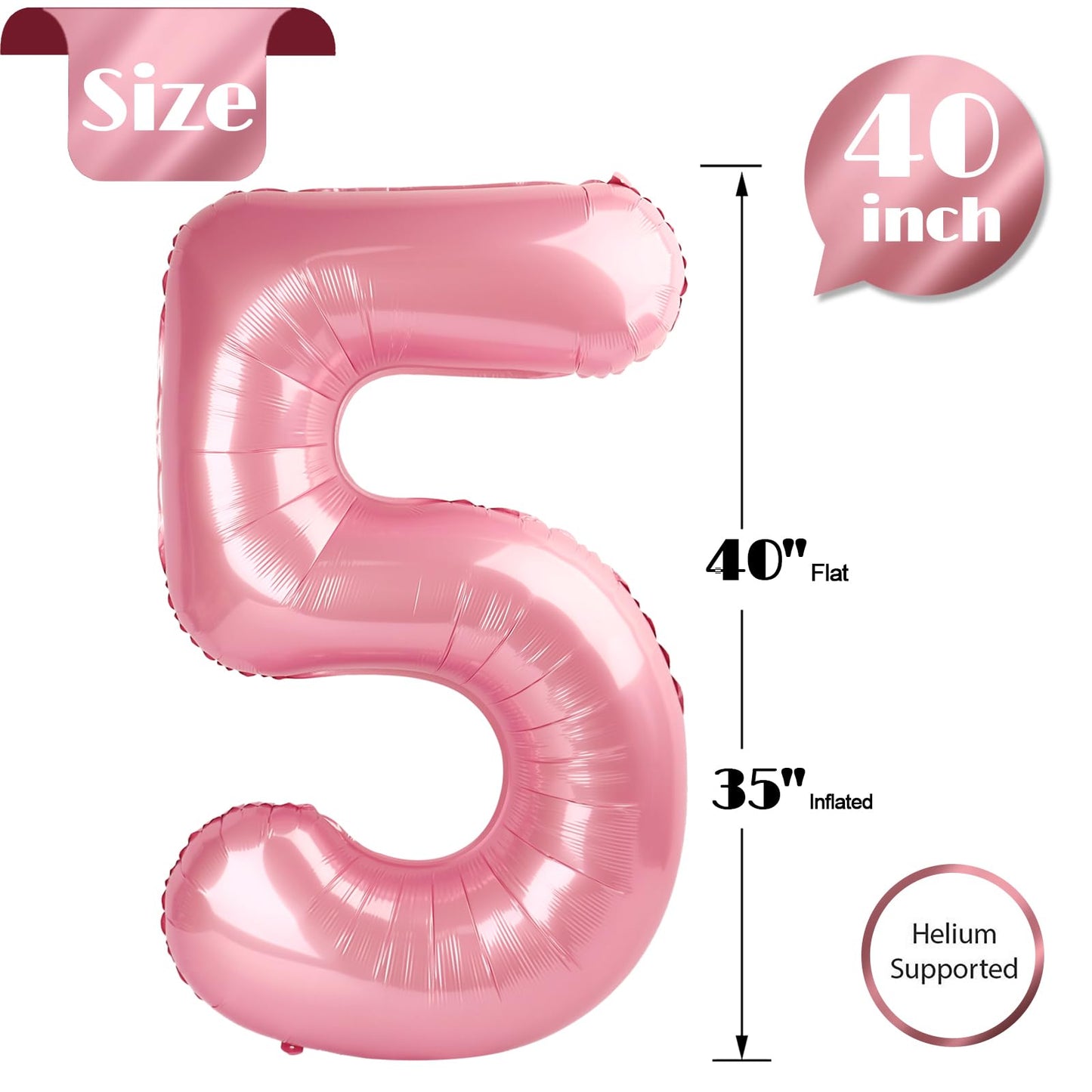 Pearlescent Pink 5 Balloon, Number Balloons 40 Inch, 5th Birthday Balloon Decorations, Pastel Pink Party Supplies, 5 Number Balloons, Number 5 Balloon