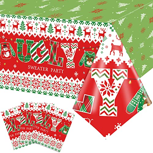 3 Pack Plastic Ugly Sweater Tablecloths 54 x 108 in Christmas Party Covers