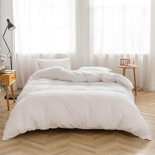 FACE TWO FACE Duvet Cover Set - 3 Pieces 100% Washed Cotton | Soft, Breathable & Durable (Queen, White)
