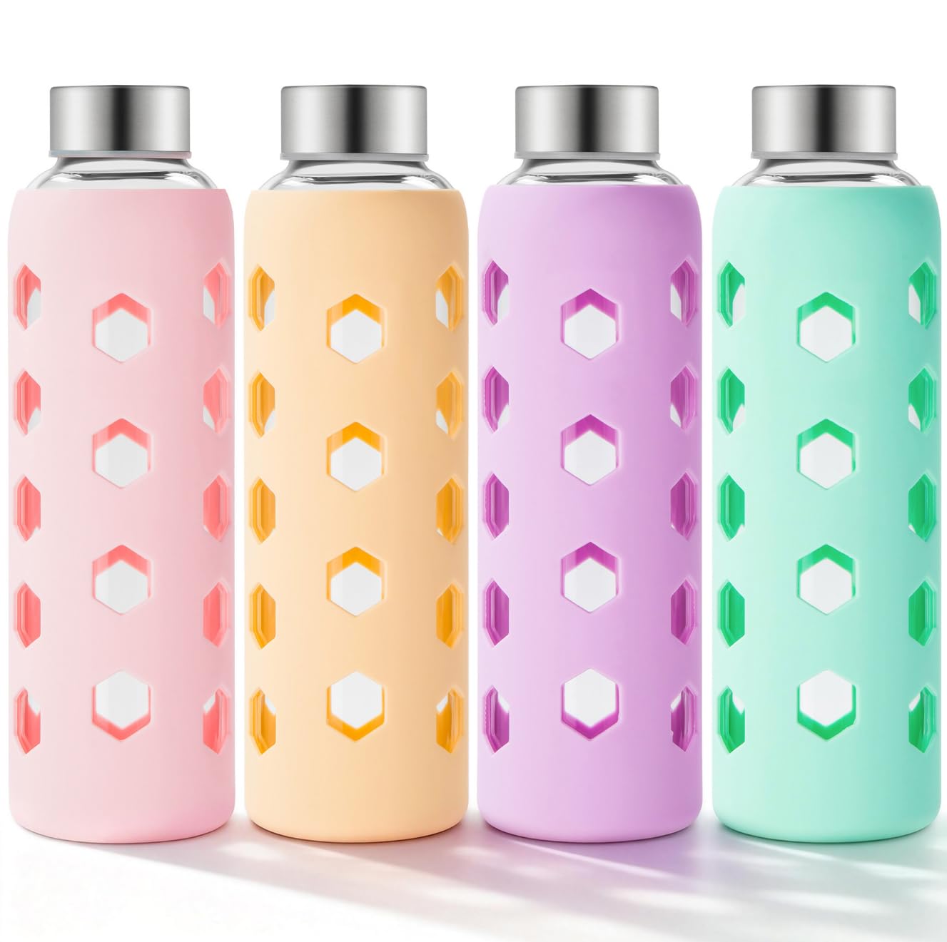 Mrsdry Glass Juice Bottles with Lids and Silicone Sleeves 18 oz, 4-Pack Reusable Clear Glass Water Bottles with Stainless Steel Airtight Cap for Juicing, Refrigerator, BPA Free Leak-Proof Drinking Jar