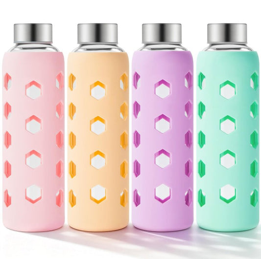 Mrsdry Glass Juice Bottles with Lids and Silicone Sleeves 18 oz, 4-Pack Reusable Clear Glass Water Bottles with Stainless Steel Airtight Cap for Juicing, Refrigerator, BPA Free Leak-Proof Drinking Jar
