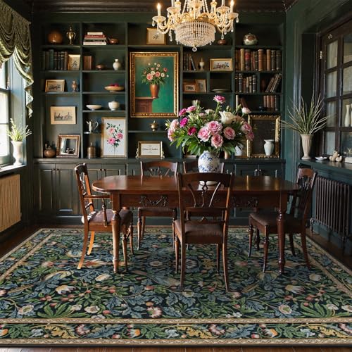Vintage Botanical Bird Washable Area Rug 8x10 Dark Green & Navy Blue - Non Slip, Stain Resistant, Large Living Room Carpet
