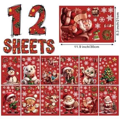 12 Sheets 171 Pcs Big Size Christmas Window Clings - Santa, Reindeer, Dog & Cat Window Stickers & Decals for Home, School, Office & Party Supplies