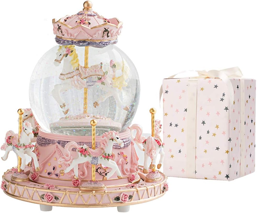 LOVE FOR YOU Musical Snow Globe Carousel | Gift-Wrapped with Ribbon, Colorful Lights & Horses - Perfect for Girls, Women & Kids