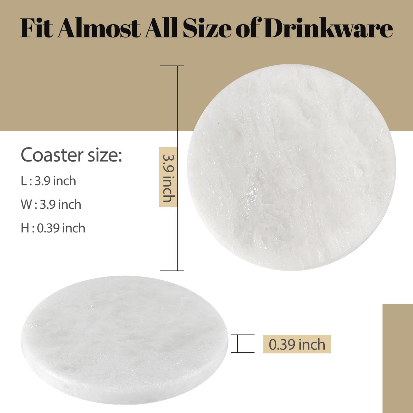 Koville White Marble Coasters Set of 6 for Coffee Table, 3.9" Inches Handmade Round Coaster, Luxury Aesthetic Modern Drink Coaster for Table Décor Home Décor, Coasters for Dining, Bar or Office