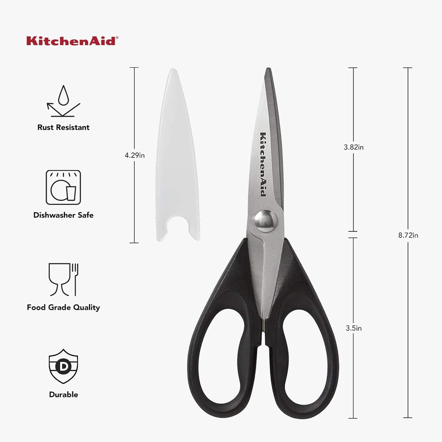 KitchenAid Kitchen Shears - Durable Stainless Steel Scissors with Soft Grip Handle, 8.72 Inch, Black
