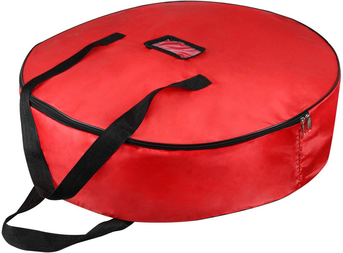 TQS Christmas Wreath Storage Bag - 30 Inch Red Cotton with Zipper Closure & Reinforced Handles