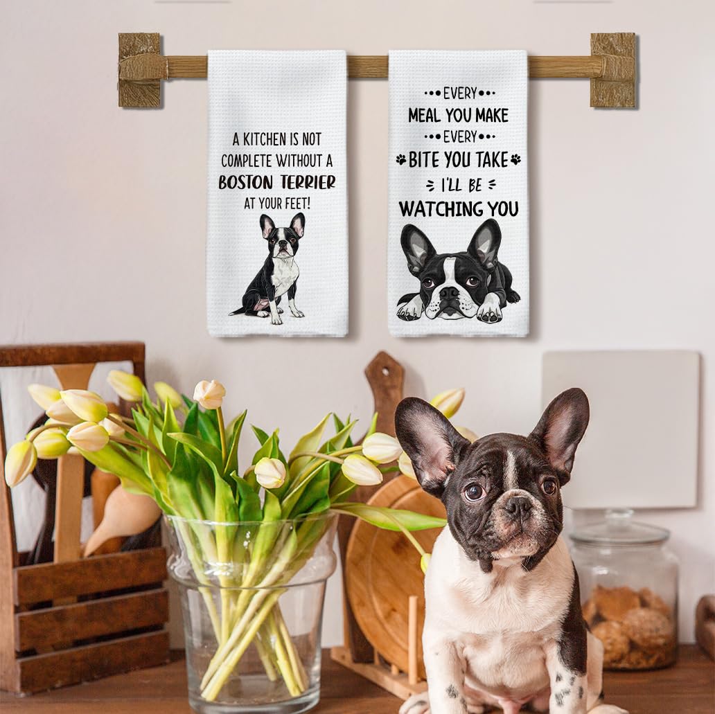 Tzhim Boston Terrier Gifts Kitchen Towels Set of 2, Boston Terrier Gifts for Women, Boston Terrier Decor Hand Towels, Boston Terrier Dog Tea Dish Towels for Kitchen, Dog Kitchen Decor, 16x24inch